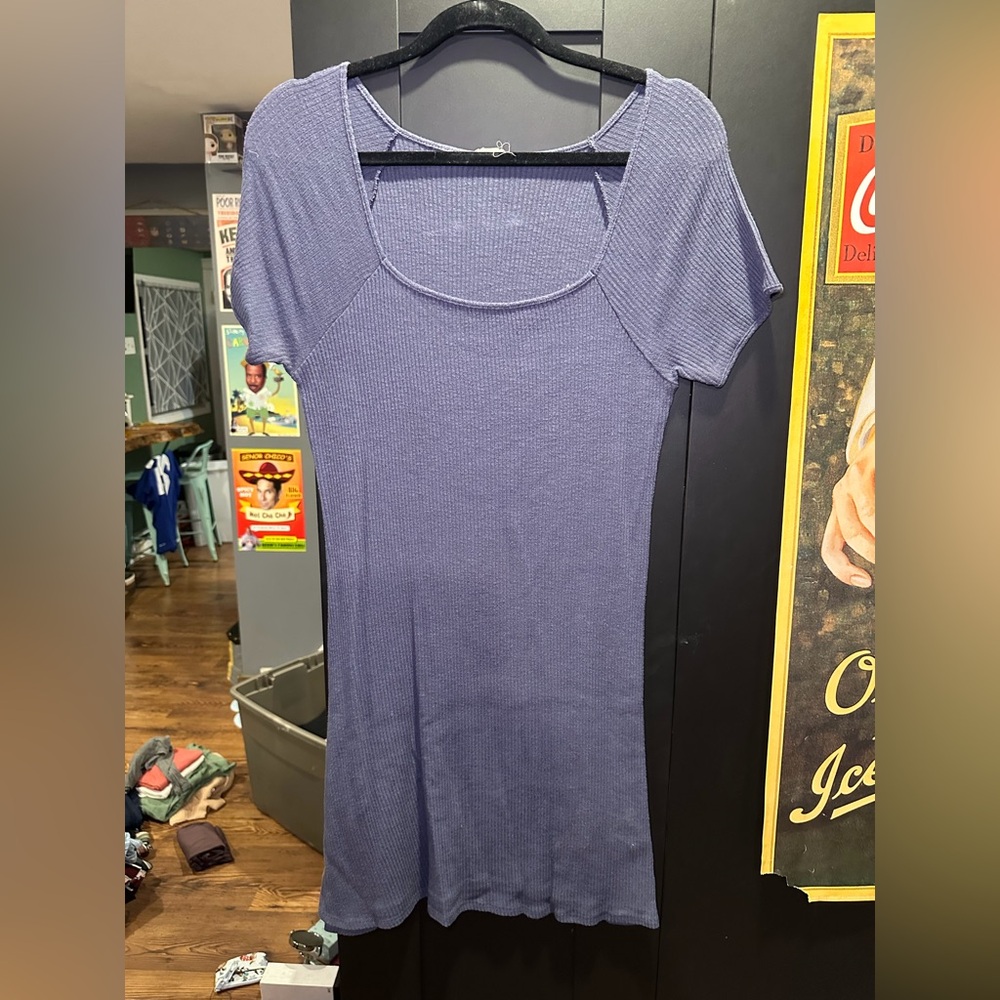 Garage Short Sleeve Blue Ribbed Dress - L
